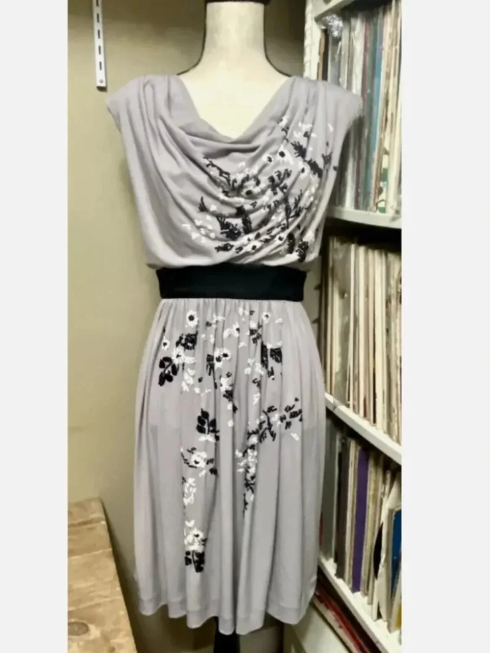 Suzi Chin for Maggy Boutique Grey/Taupe Draped Neck Floral Beaded Dress